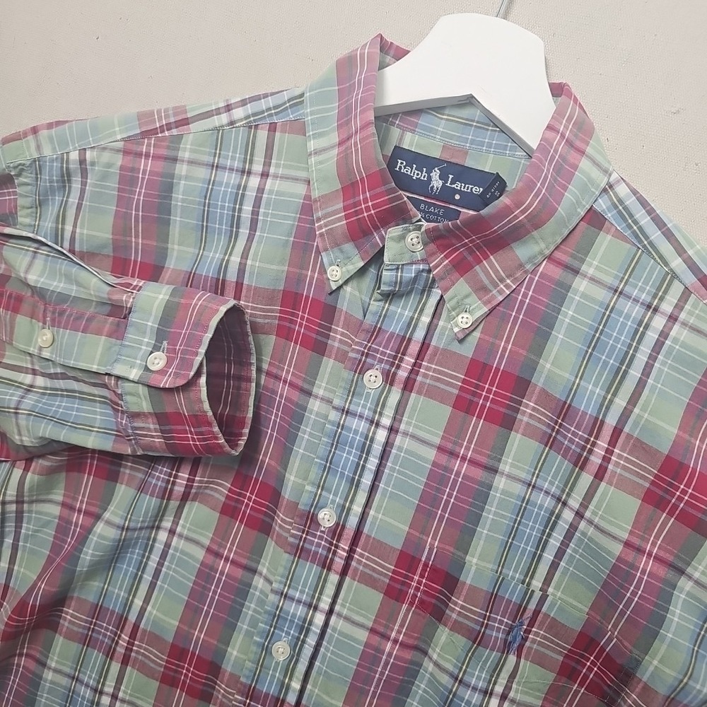 Vintage Ralph Lauren Blake Men's Medium Red Blue Green‎ Check Plaid Button Down